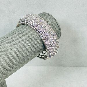 Womens Bracelet Bangle Pave Rhinestone Cut Ott Hearts Silver Tone 25mm Wide